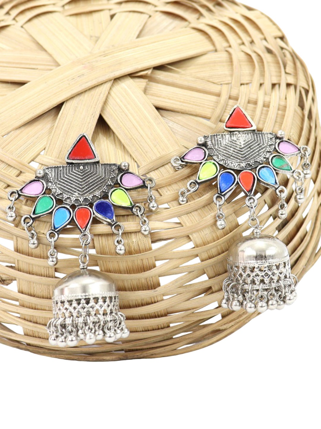 

Krelin Silver-Plated Mirror Work Dome Shaped Oxidized Jhumkas