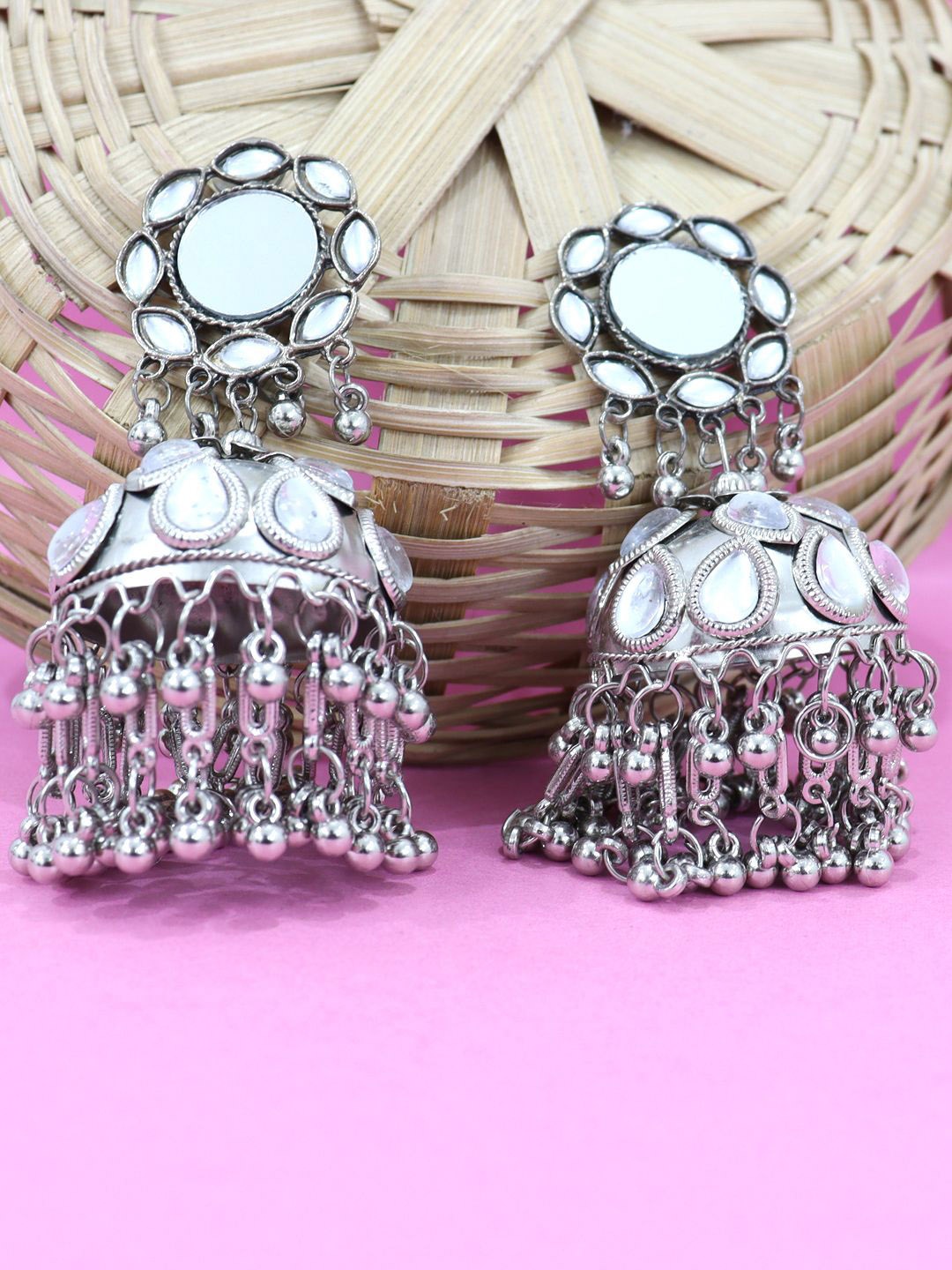 

Krelin Silver-Plated Mirror Work Dome Shaped Oxidized Jhumkas