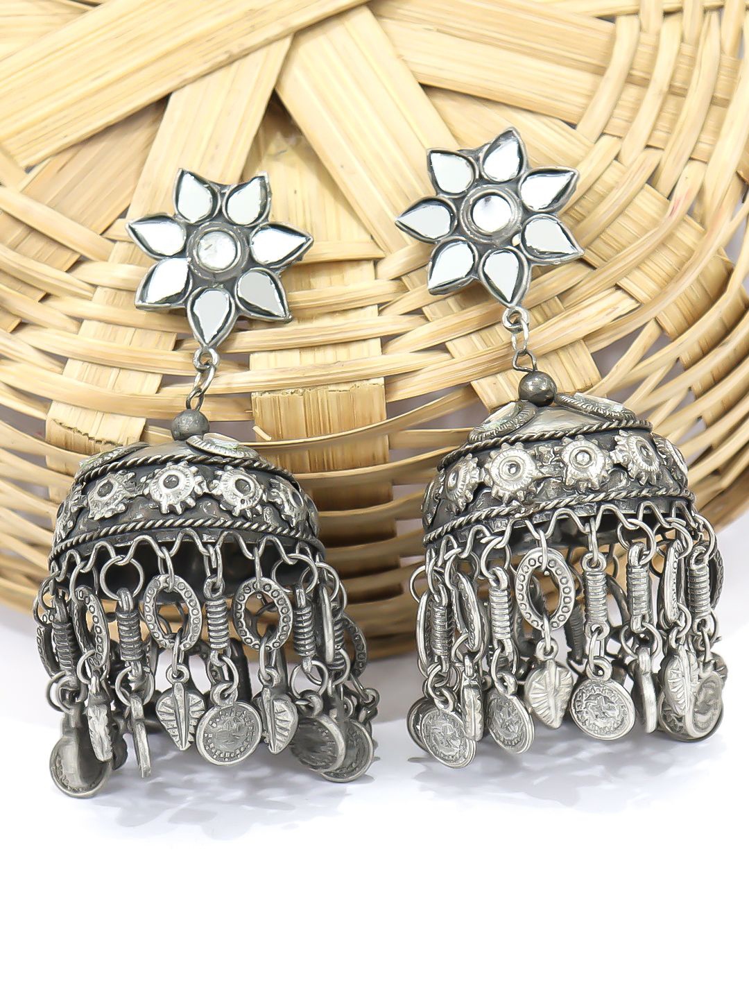 

Krelin Silver-Plated Mirror Work Dome Shaped Oxidized Jhumkas