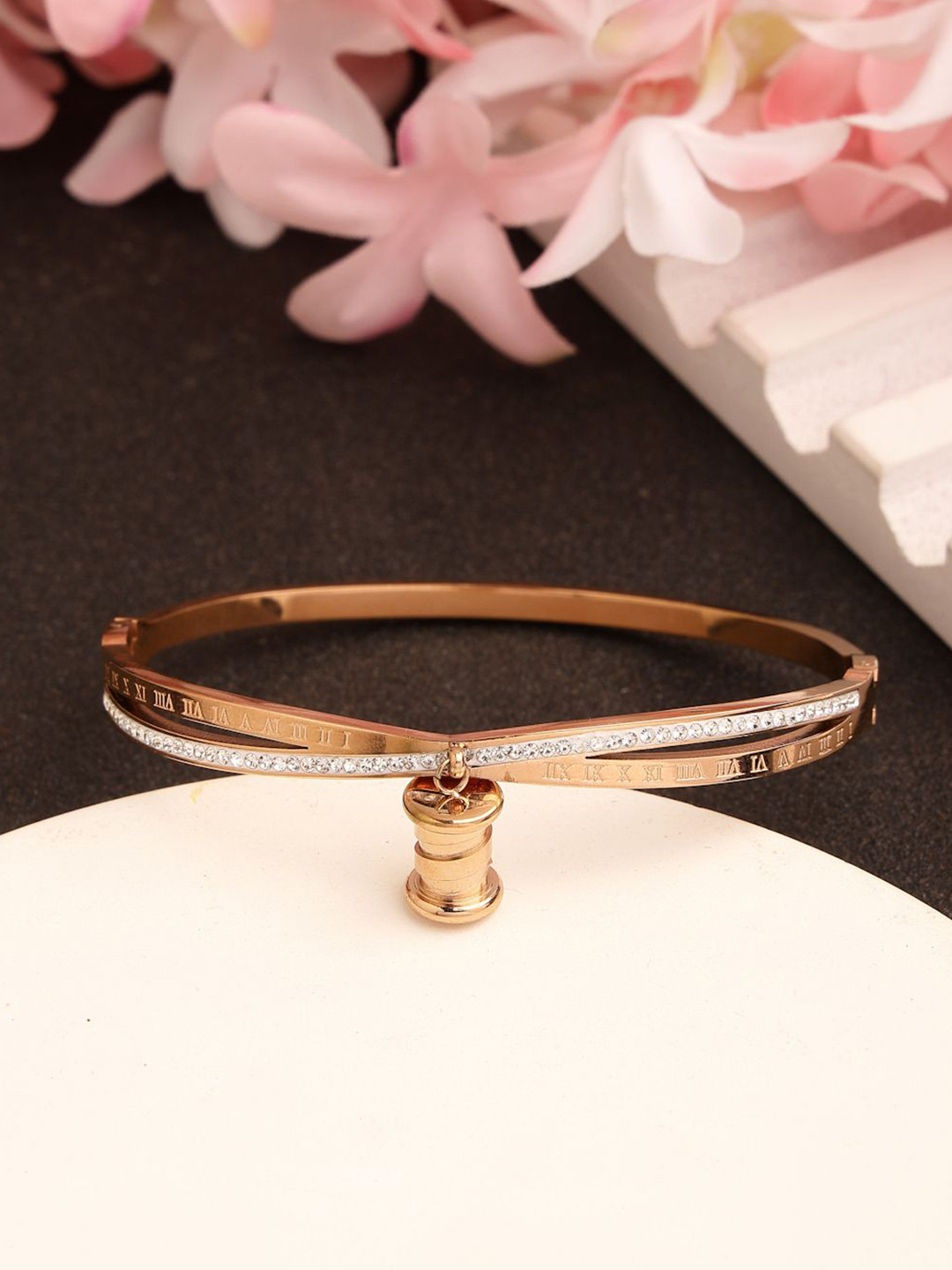 

RARE1STUDIO Elegant Rose Gold-Plated American Diamond Stone Studded Bangle Style Bracelet