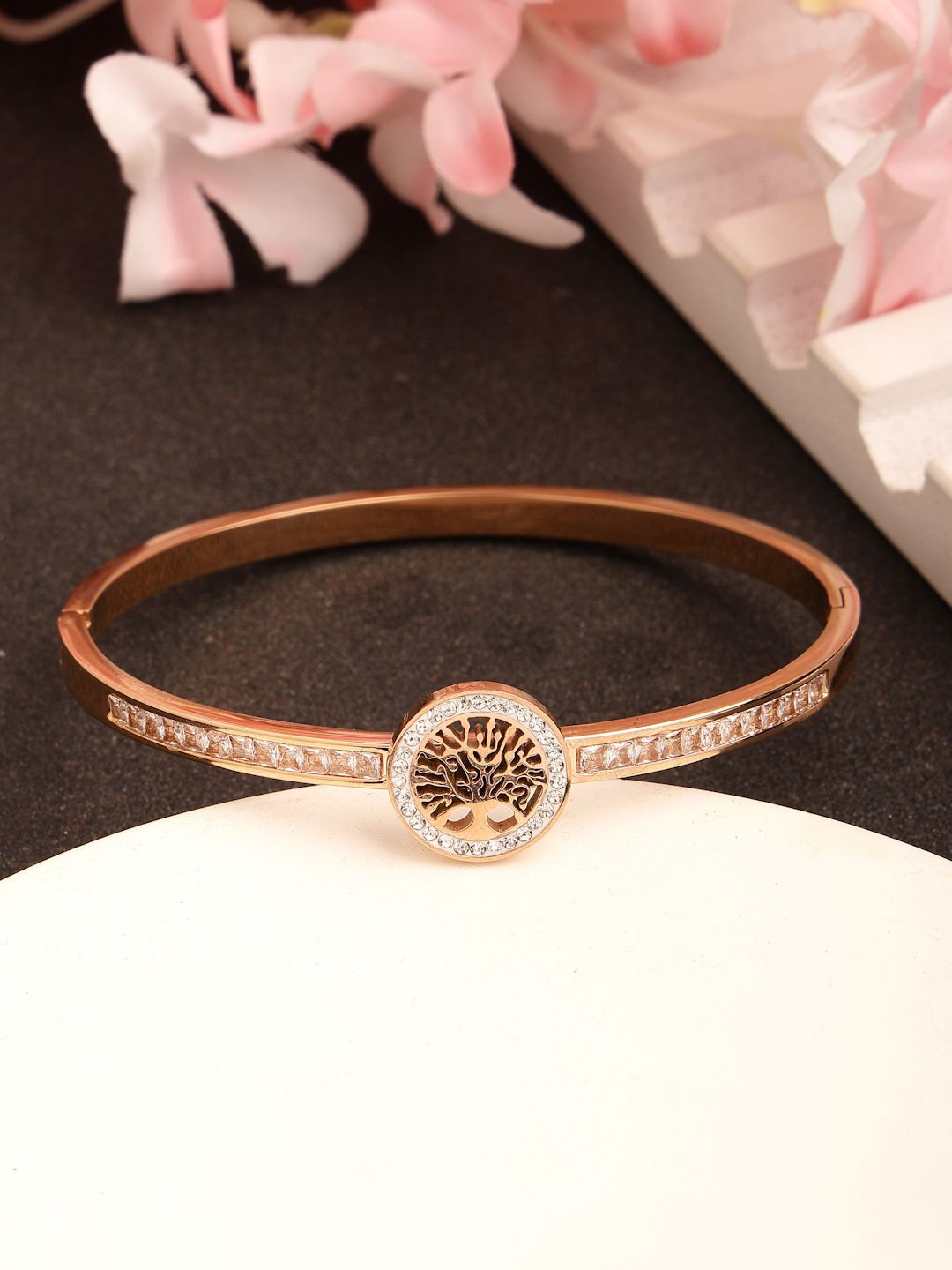 

RARE1STUDIO Fashionable Rose Gold-Plated American Diamond Stone Studded Kada Bracelet