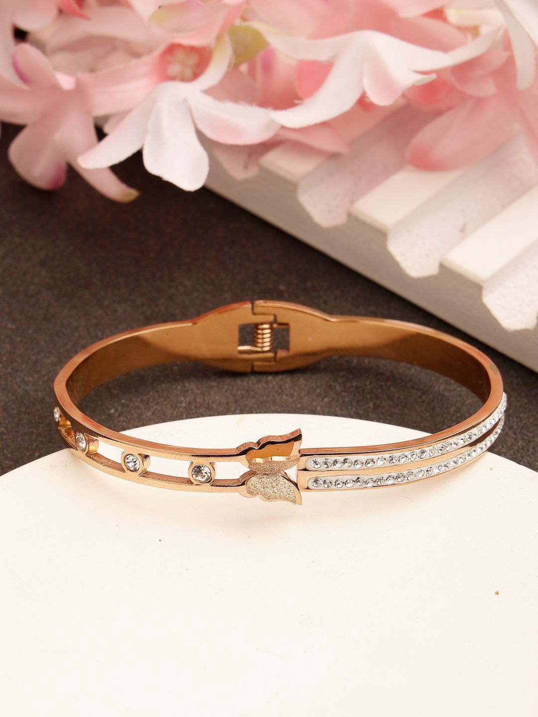

RARE1STUDIO Delicate Rose Gold-Plated American Diamond Stone Studded Kada Bracelet