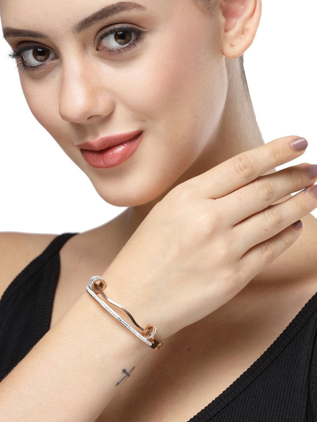 

RARE1STUDIO Rose Gold-Plated American Diamond Stone Studded Bangle-Style Bracelet