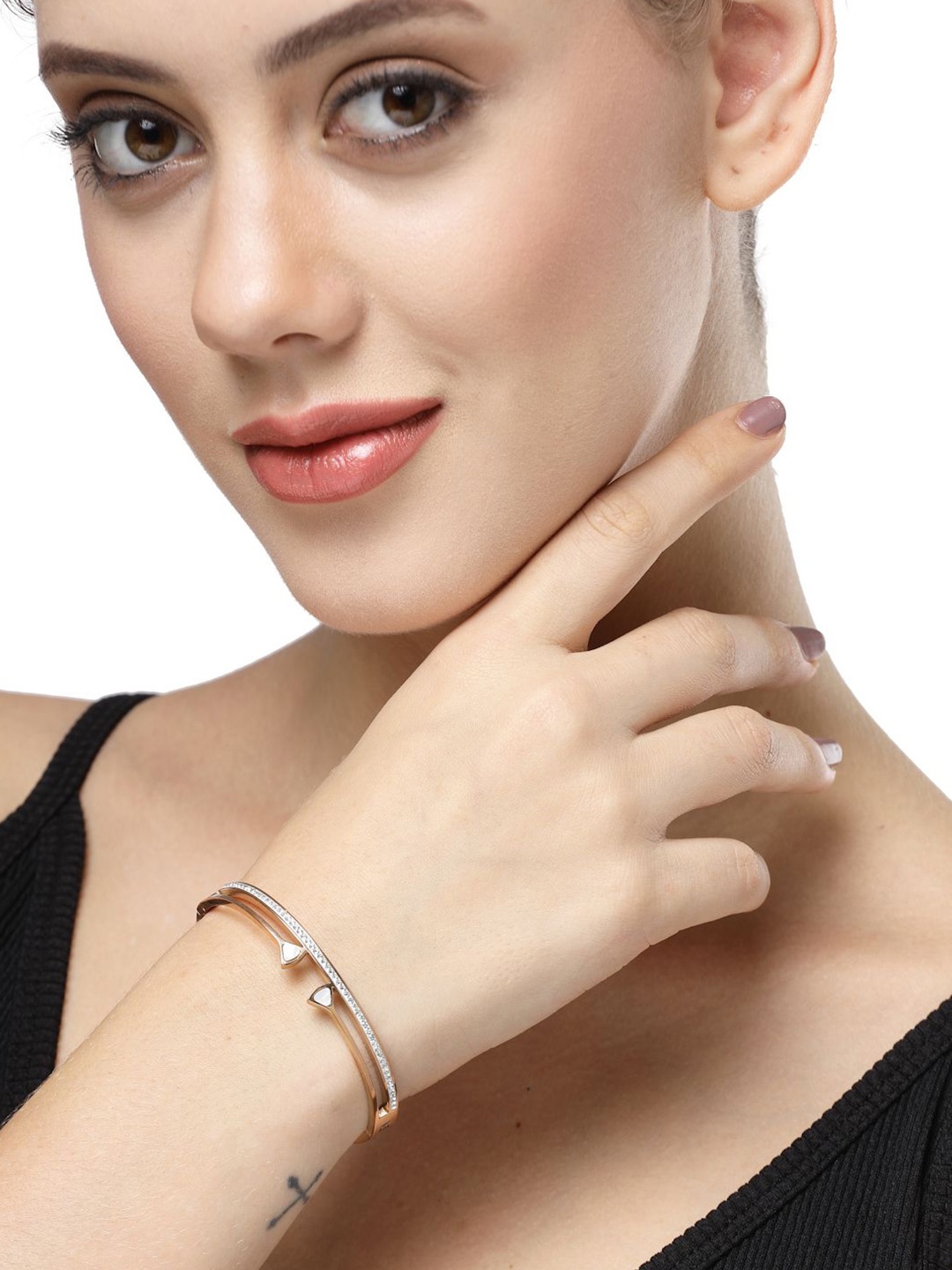 

RARE1STUDIO Modern Rose Gold-Plated American Diamond Stone Studded Kada Bracelet