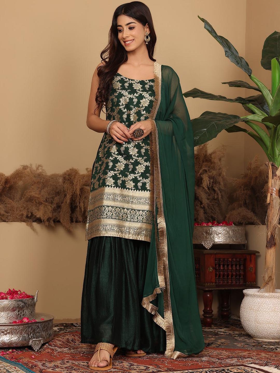

Varanga Women Floral Woven Design Kurti with Sharara & Fringed Dupatta, Green