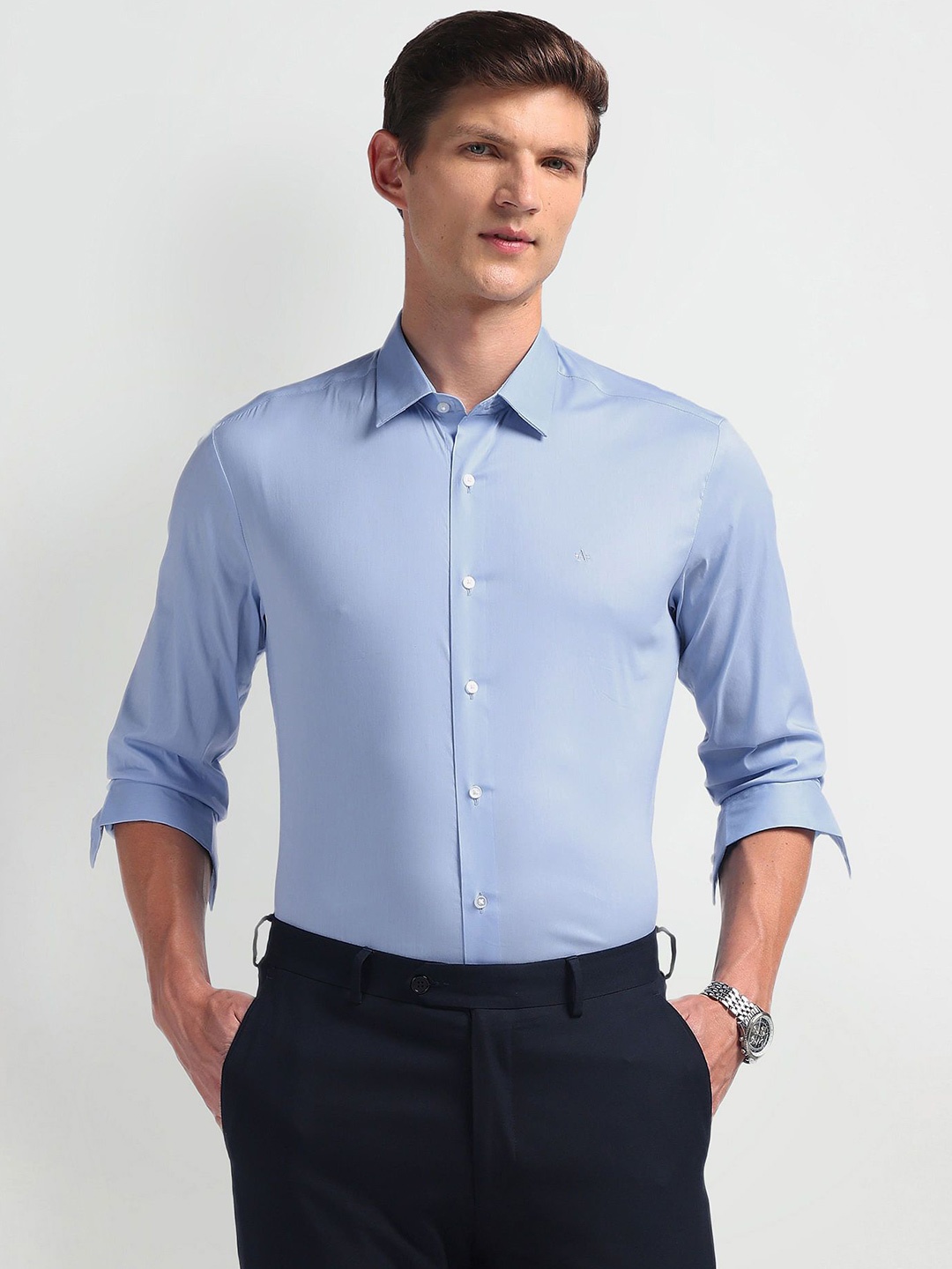 Arrow New York Men Slim Fit Solid Spread Collar Formal Shirt, Blue