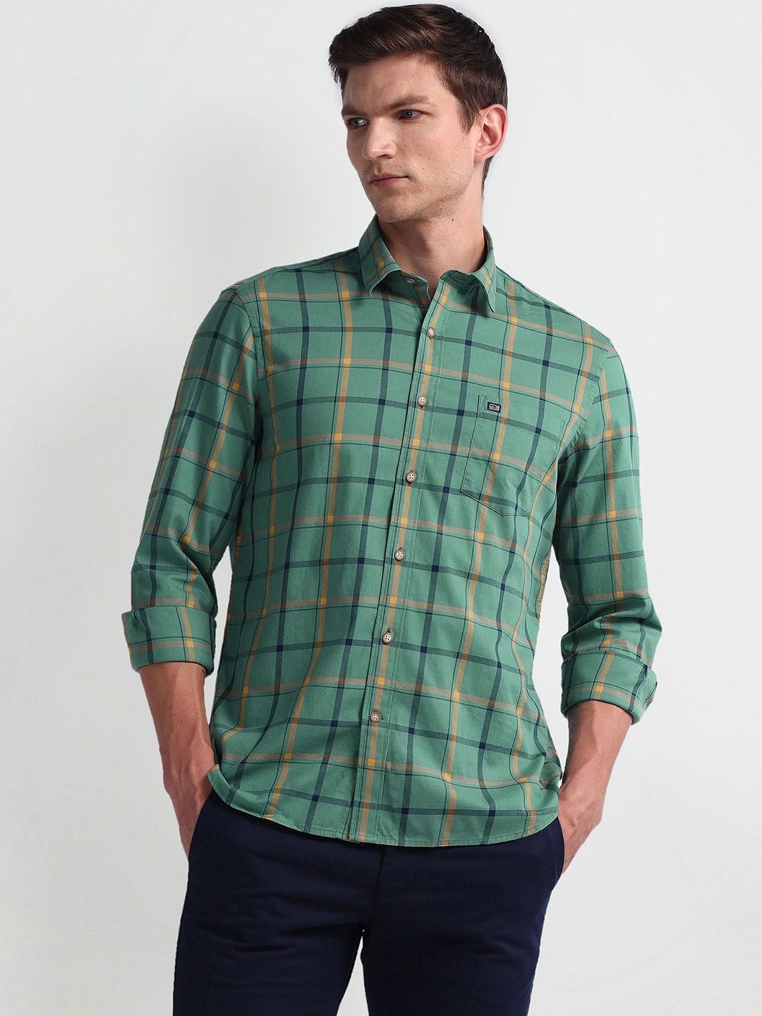 

Arrow Sport Men Slim Fit Tartan Checked Spread Collar Casual Shirt, Green