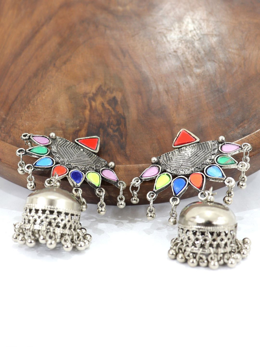 

FIMBUL Silver-Plated Mirror Work Oxidised Dome Shaped Jhumkas