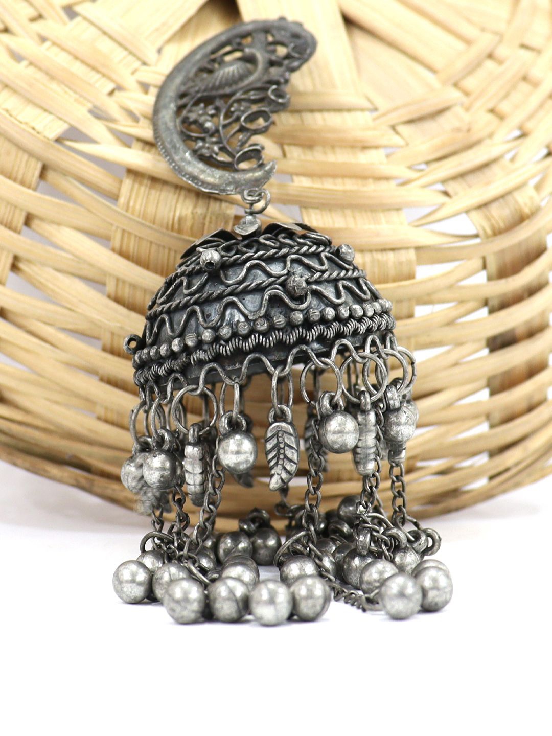 

FIMBUL Silver-Plated Peacock Shaped Oxidised Jhumkas