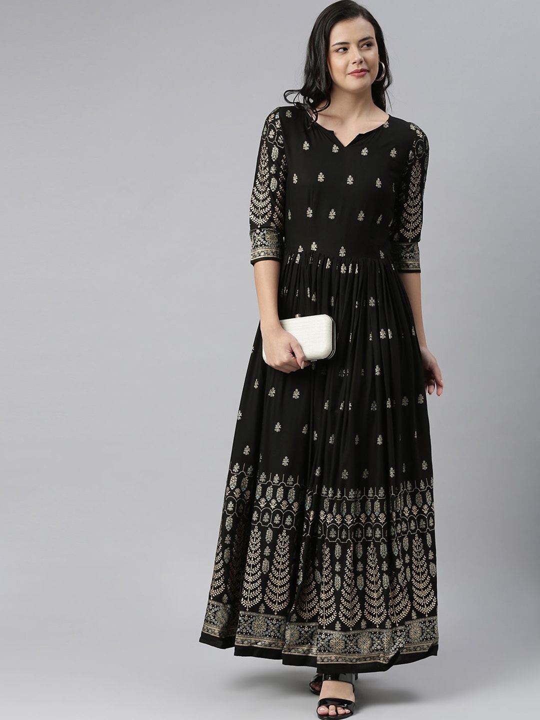 

Swishchick Ethnic Motifs Printed Fit and Flare Maxi Dress, Black