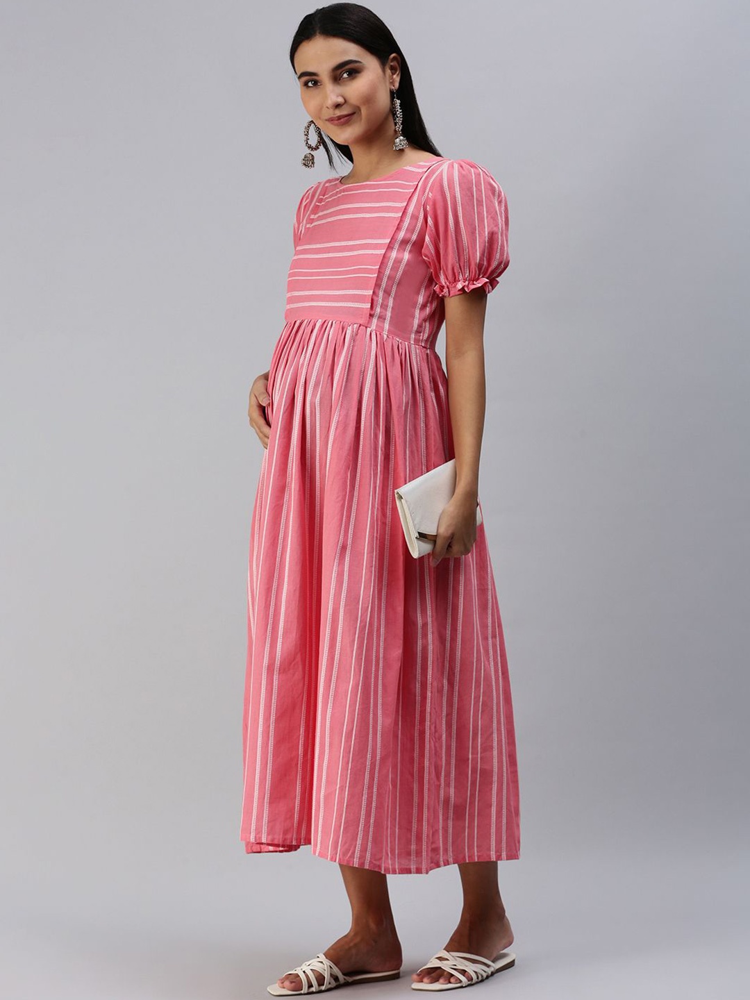 

Swishchick Cotton Striped Puff Sleeve Maternity Fit & Flare Midi Dress, Rose
