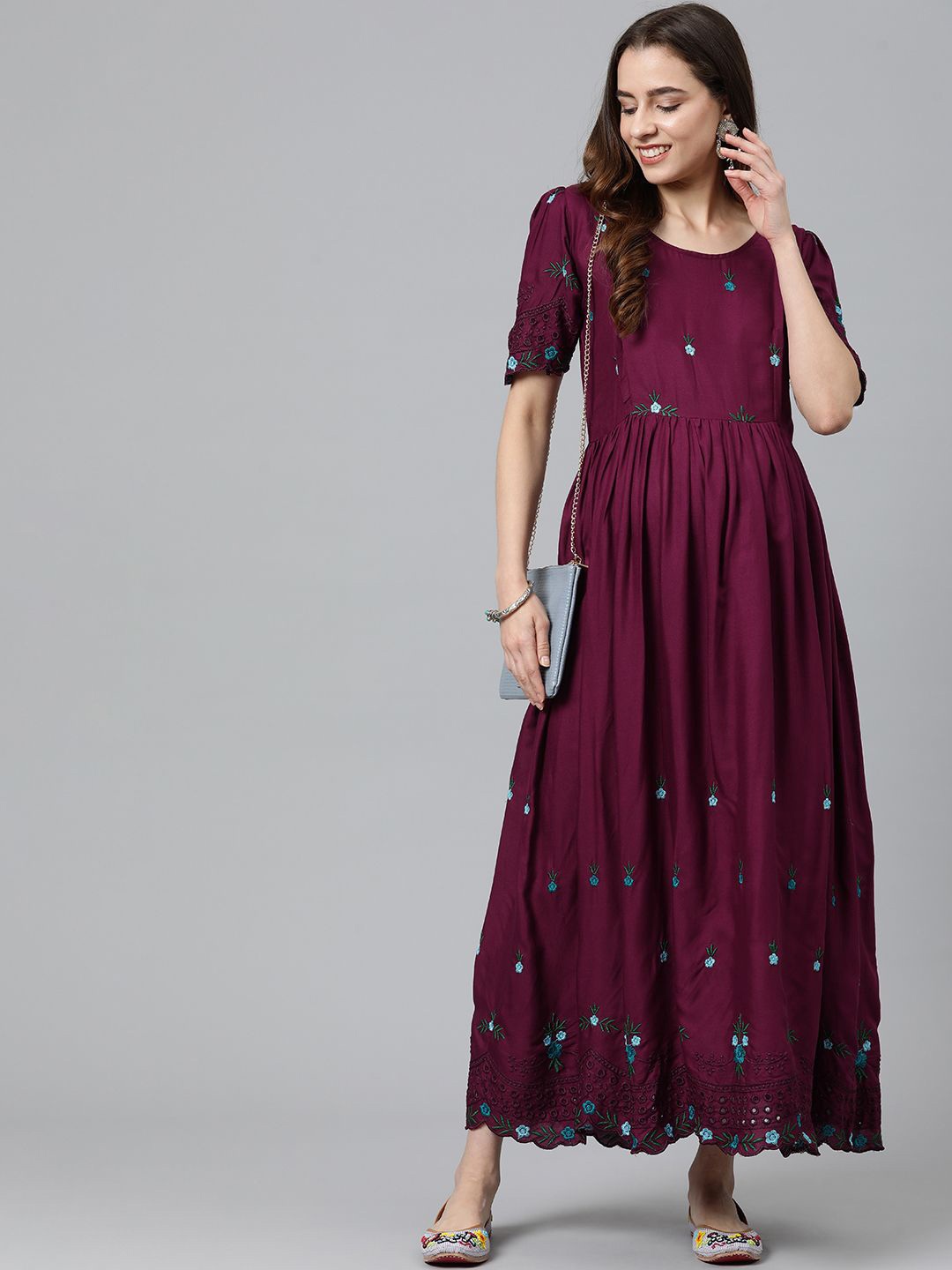 

Swishchick Embroidered Floral Maternity Maxi Dress, Purple