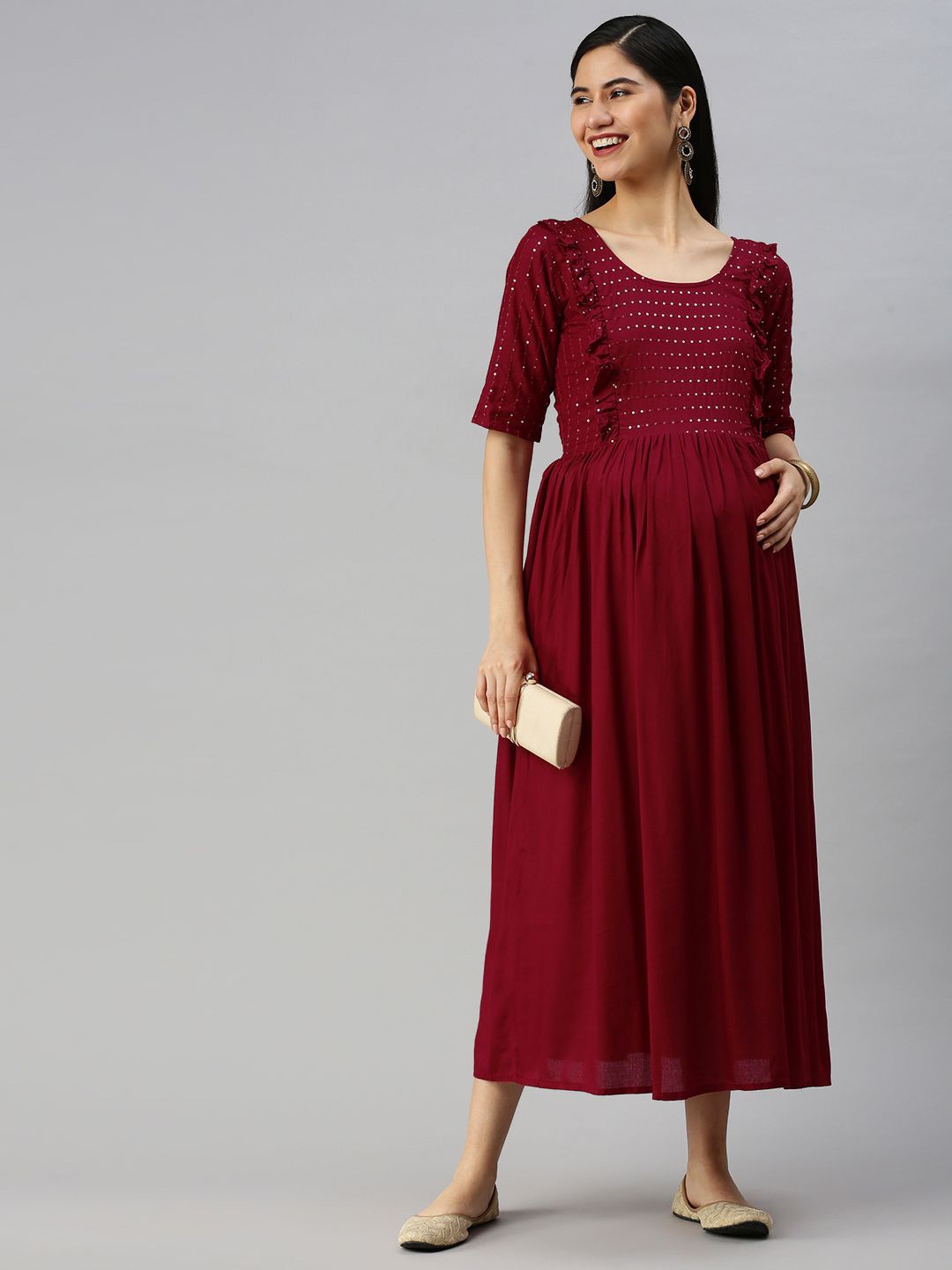 

Swishchick Embroidered Yoke Fit and Flare Maternity Midi Dress, Maroon