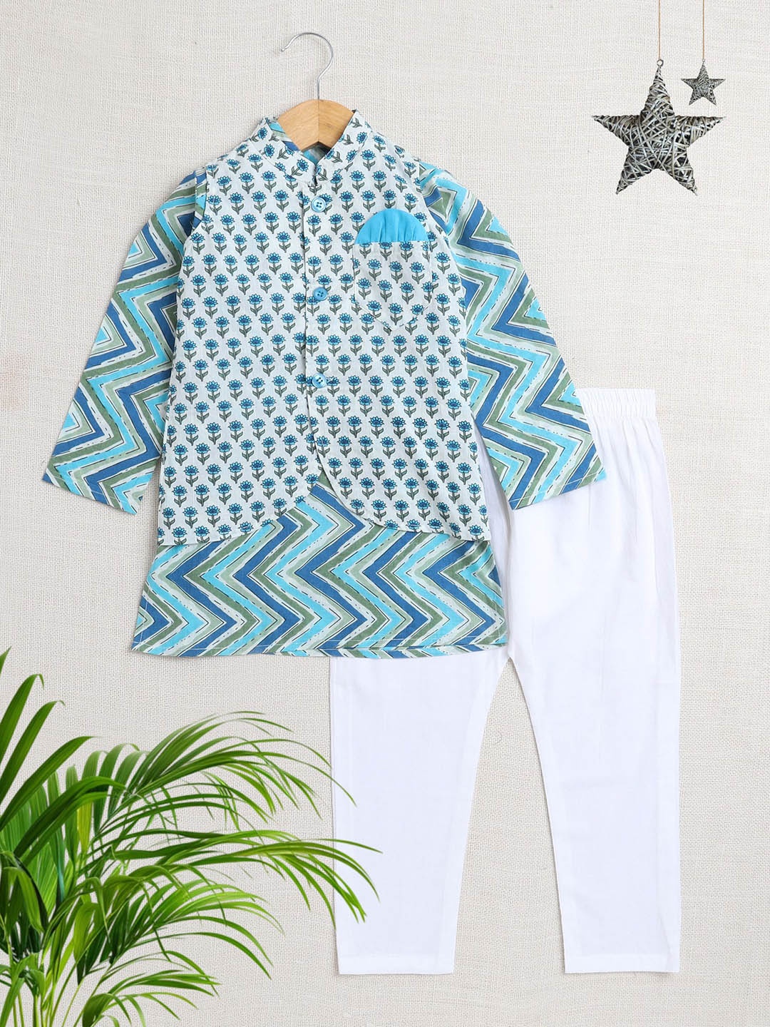 

The Magic Wand Boys Geometric Printed Pure Cotton Straight Kurta with Pyjamas, Blue