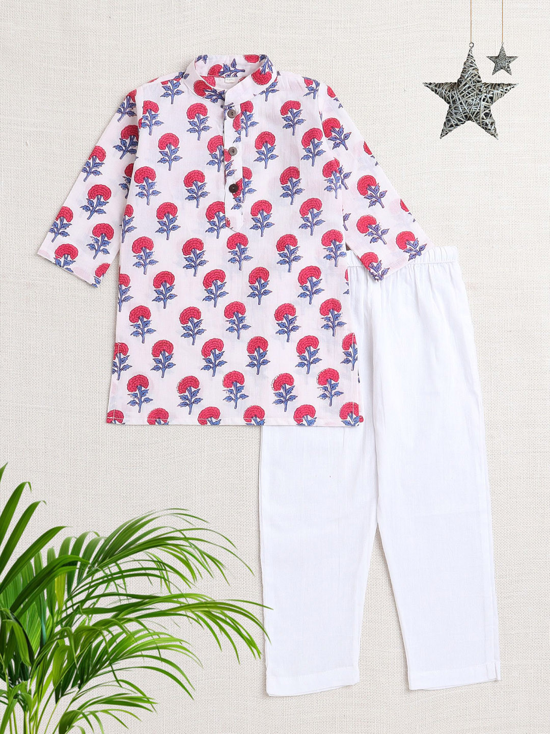 

The Magic Wand Boys Floral Printed Pure Cotton Straight Kurta with Pyjamas, Pink