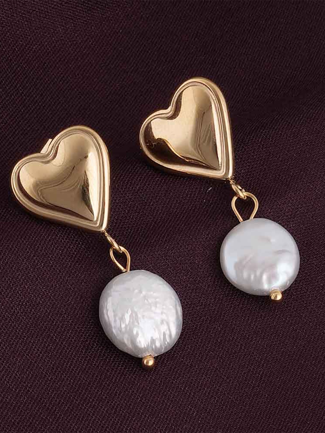 

PALMONAS Dangling Pearl Heart Gold-Plated Drop Earrings