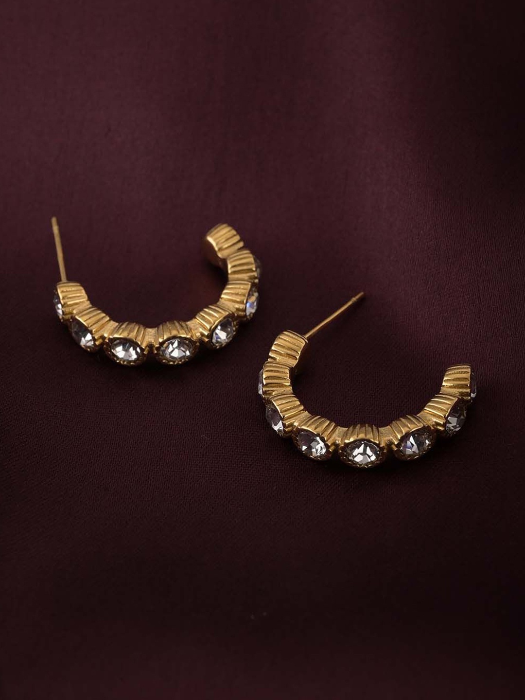 

PALMONAS Enchanted Solitaire Gold-Plated CZ Stone Studded Circular Half Hoop Earrings