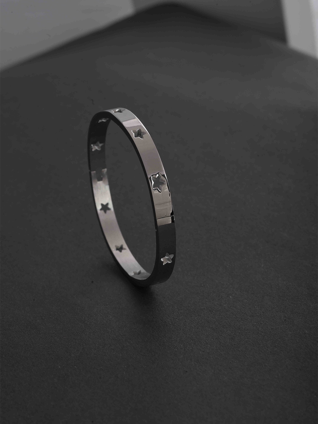 

PALMONAS Silver Starry Silver-Plated Stone-Studded Stainless Steel Bangle-Style Bracelet
