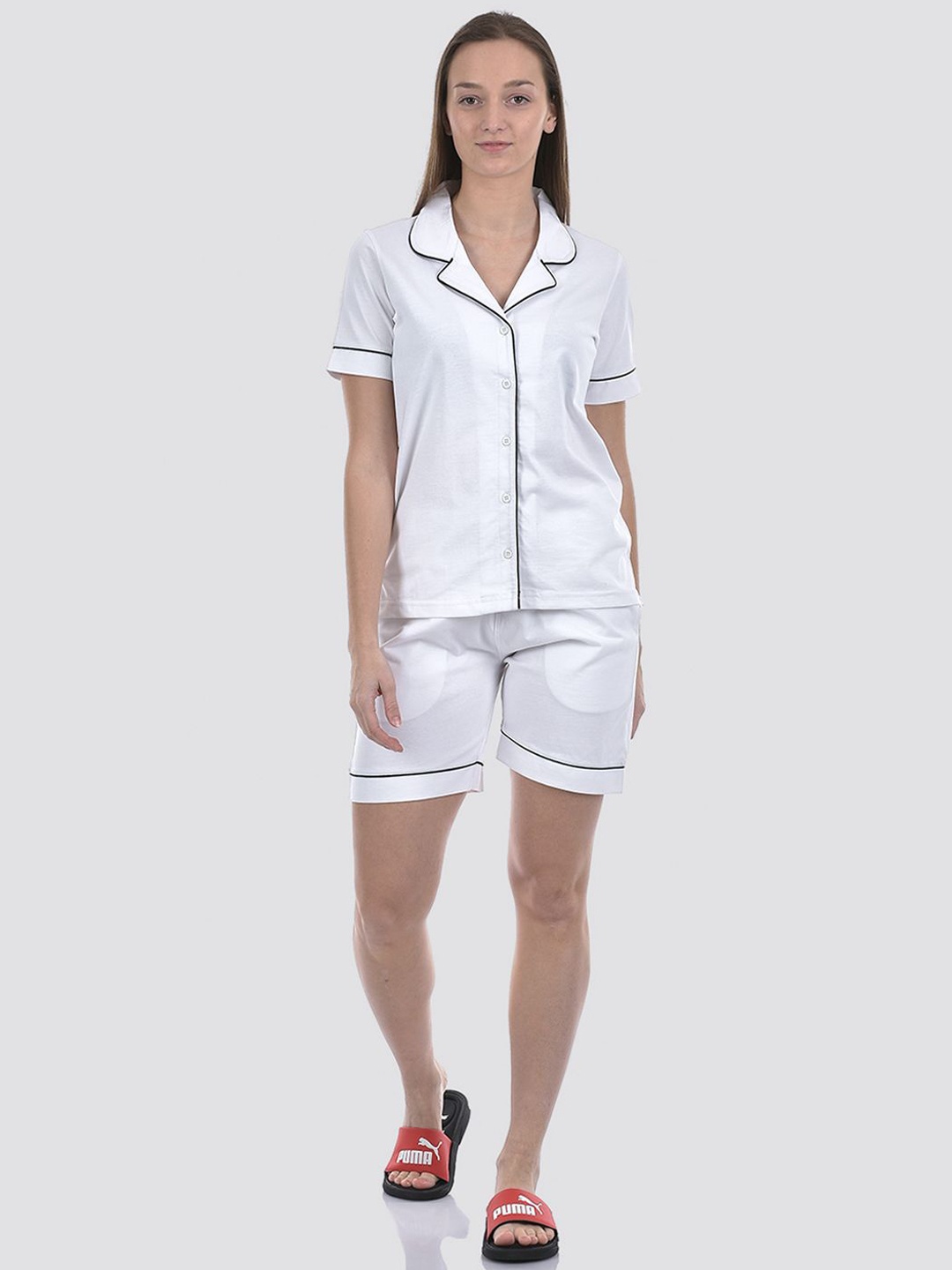 

ONEWAY Women Solid Lapel Collar Short Sleeves Shirt and Shorts Night suit, White