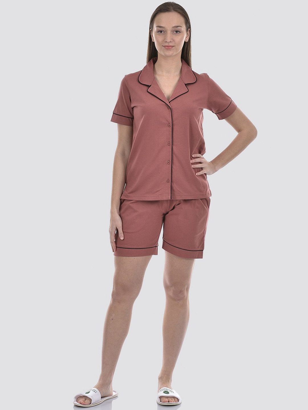 

ONEWAY Women Solid Lepel Collar Short Sleeves Shirt and Shorts Night suit, Pink