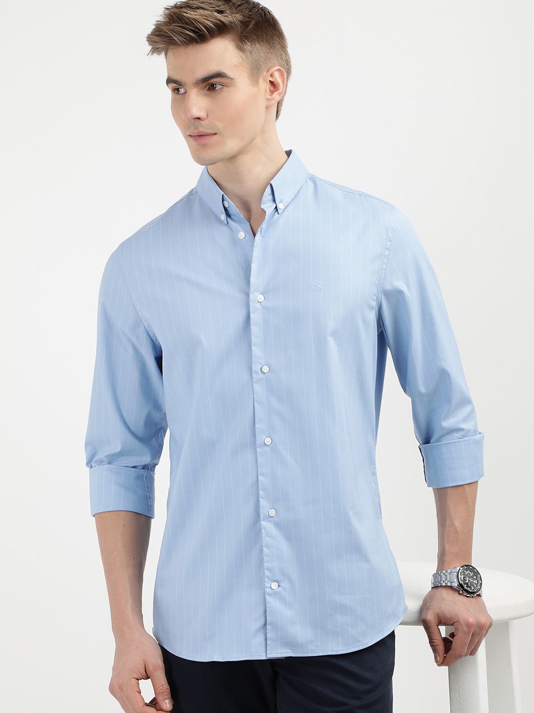

Calvin Klein Jeans Men Striped Button-Down Collar Casual Shirt, Blue