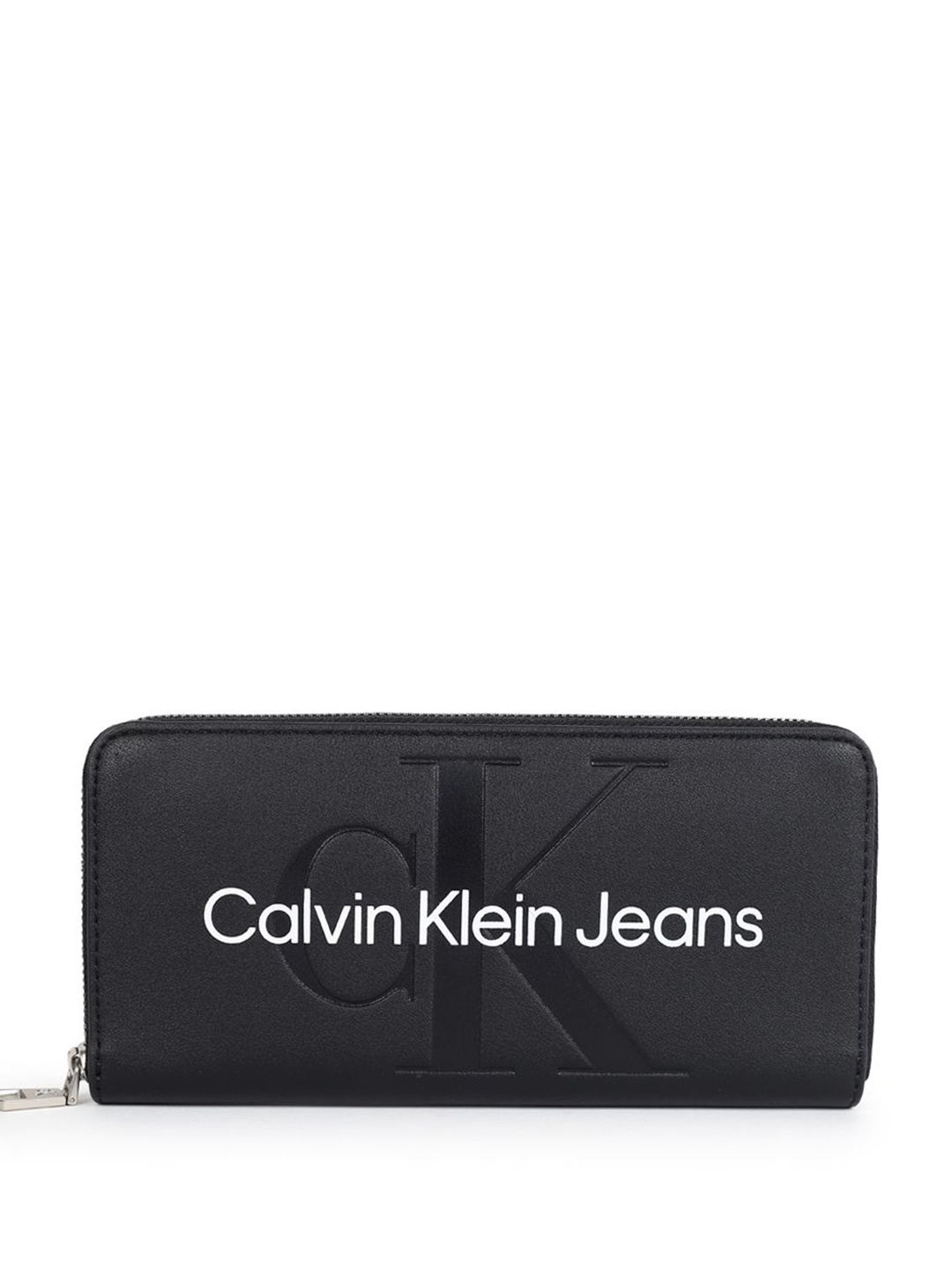 

Calvin Klein Women Typography Printed PU Zip Around Wallet, Black