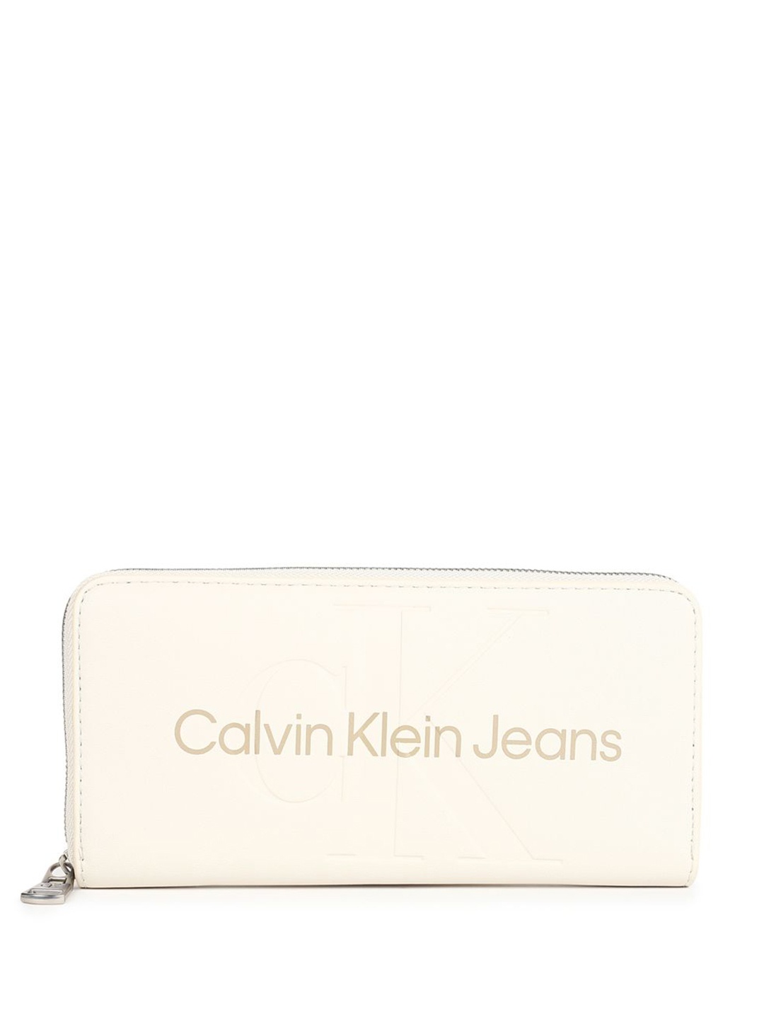 

Calvin Klein Women Brand Logo Printed PU Zip Around Wallet, Cream