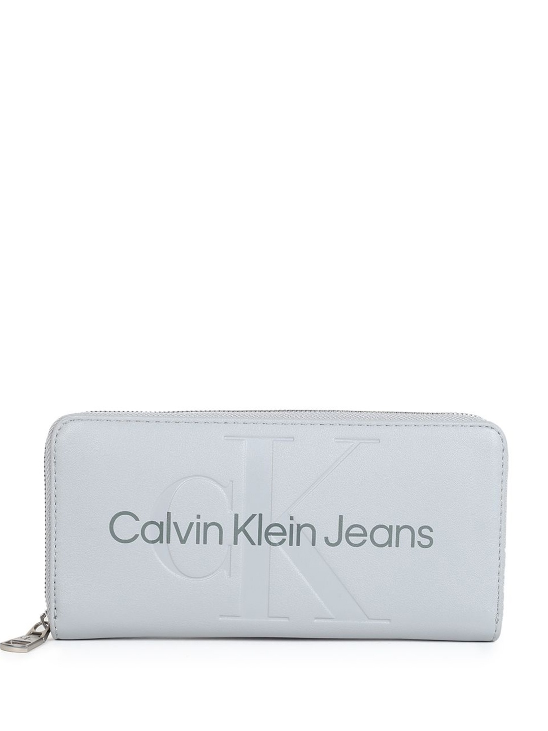 

Calvin Klein Women Typography Printed PU Zip Around Wallet, Blue
