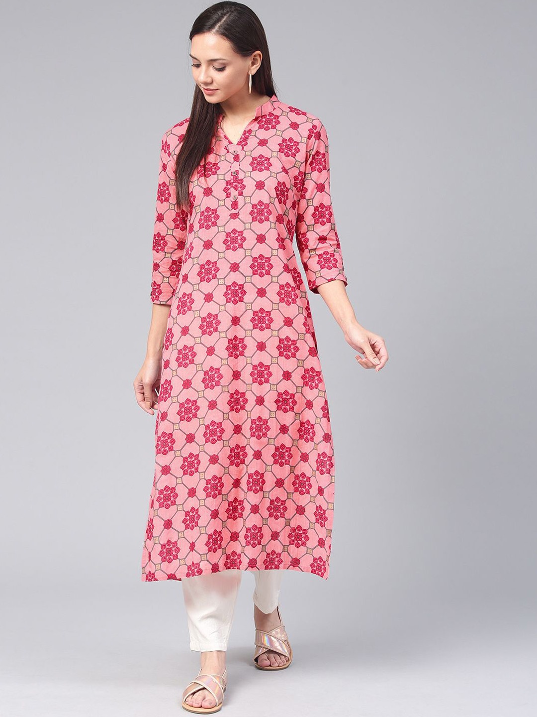 

Swishchick Floral Printed Mandarin Collar Cotton Straight Kurta, Pink