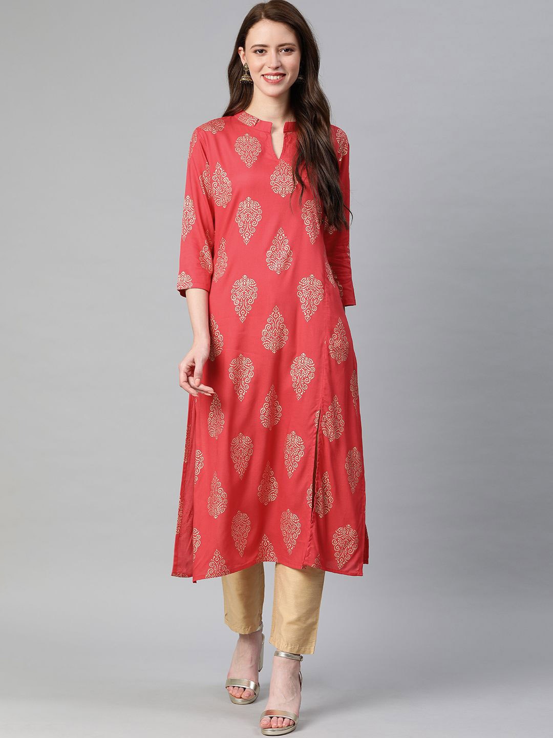 

Swishchick Ethnic Motifs Printed Mandarin Collar Straight Kurta, Pink