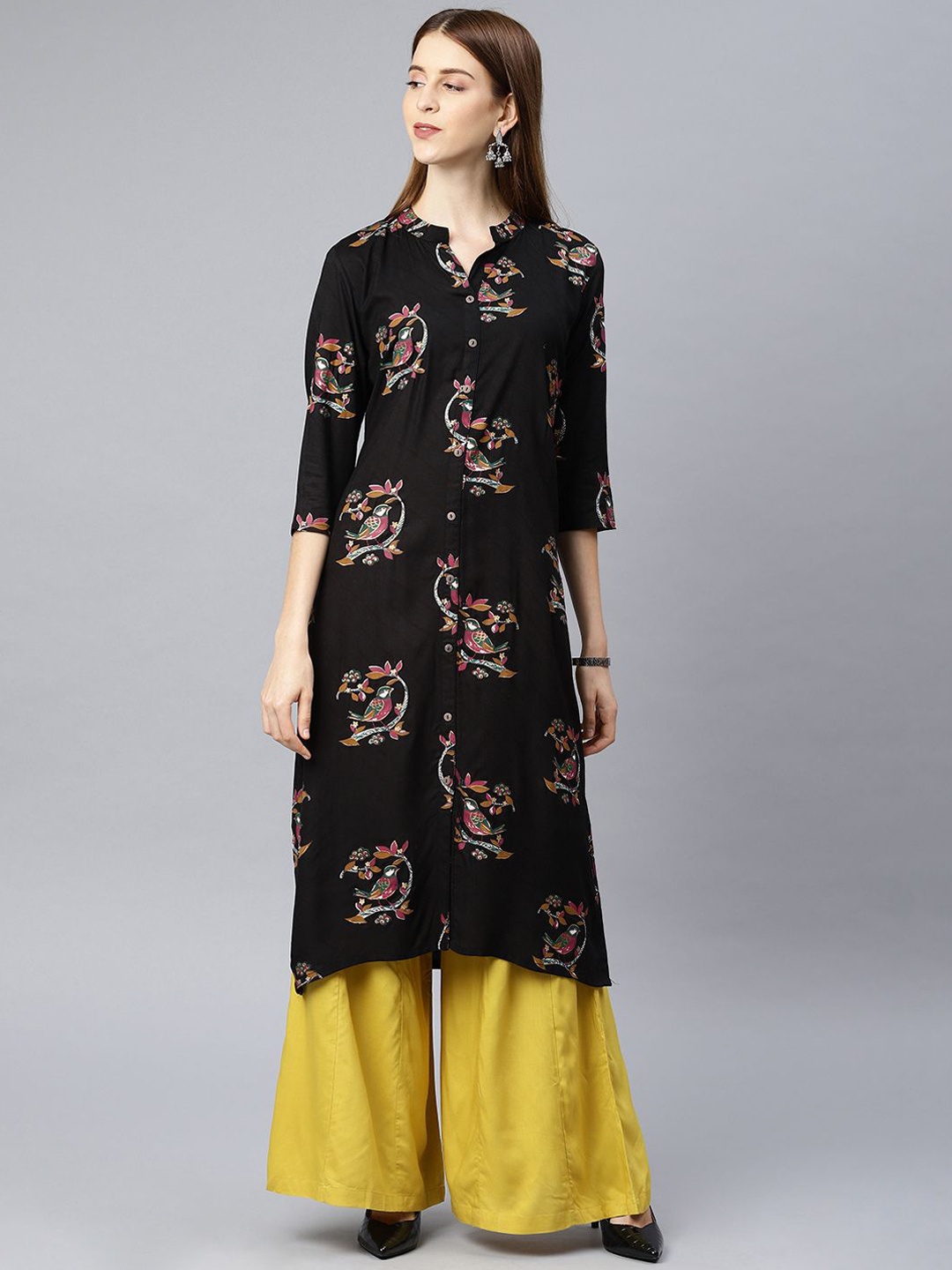 

Swishchick Printed Mandarin Collar A-Line Kurta, Black