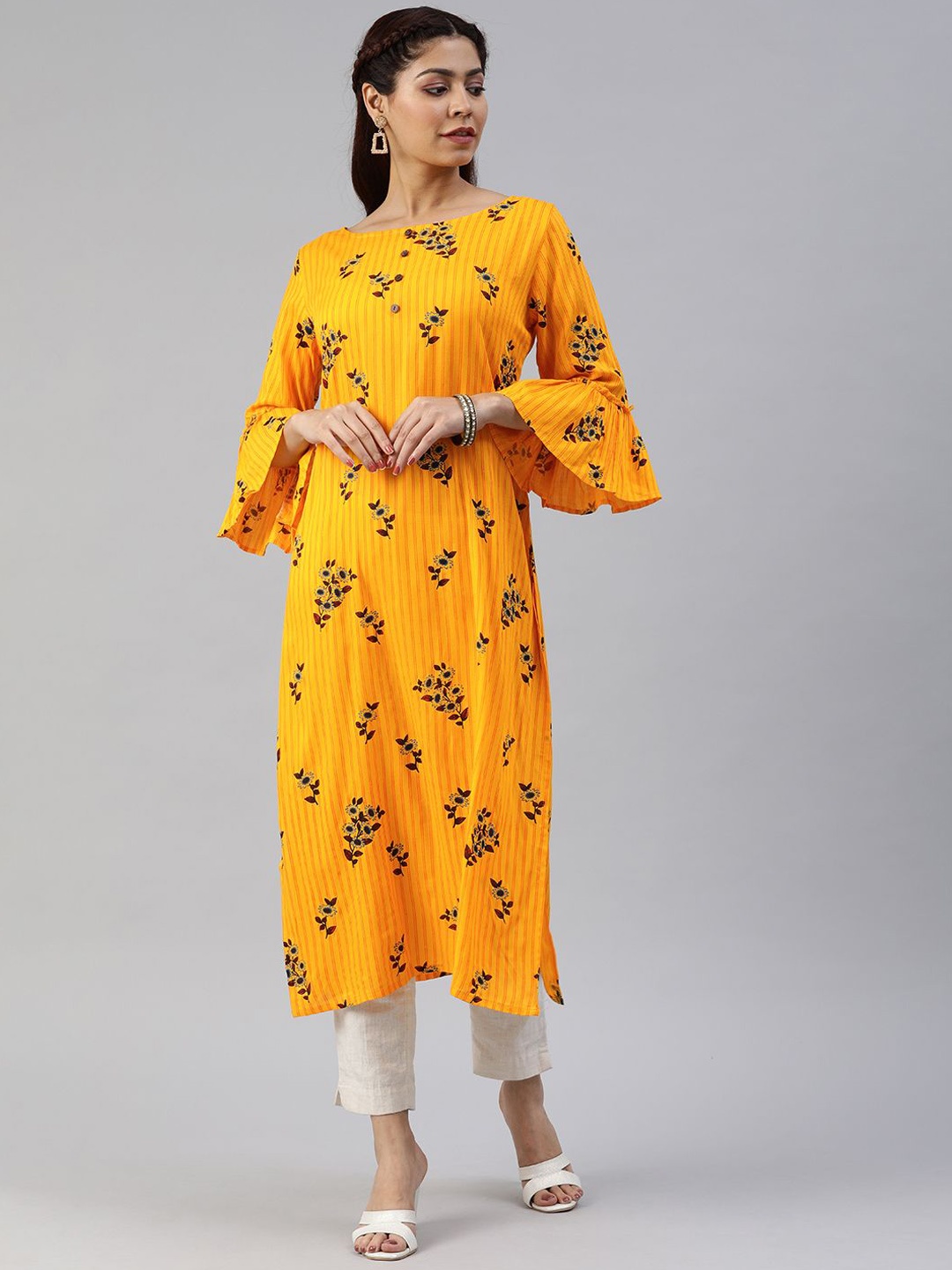 

Swishchick Floral Printed Flared Sleeves Boat Neck Straight Kurta, Yellow