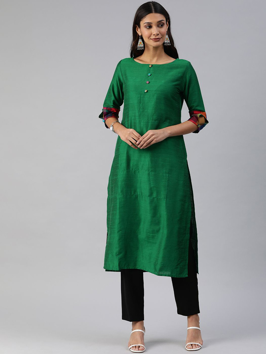 

Swishchick Woven Design Boat Neck Cotton Silk Straight Kurta, Green