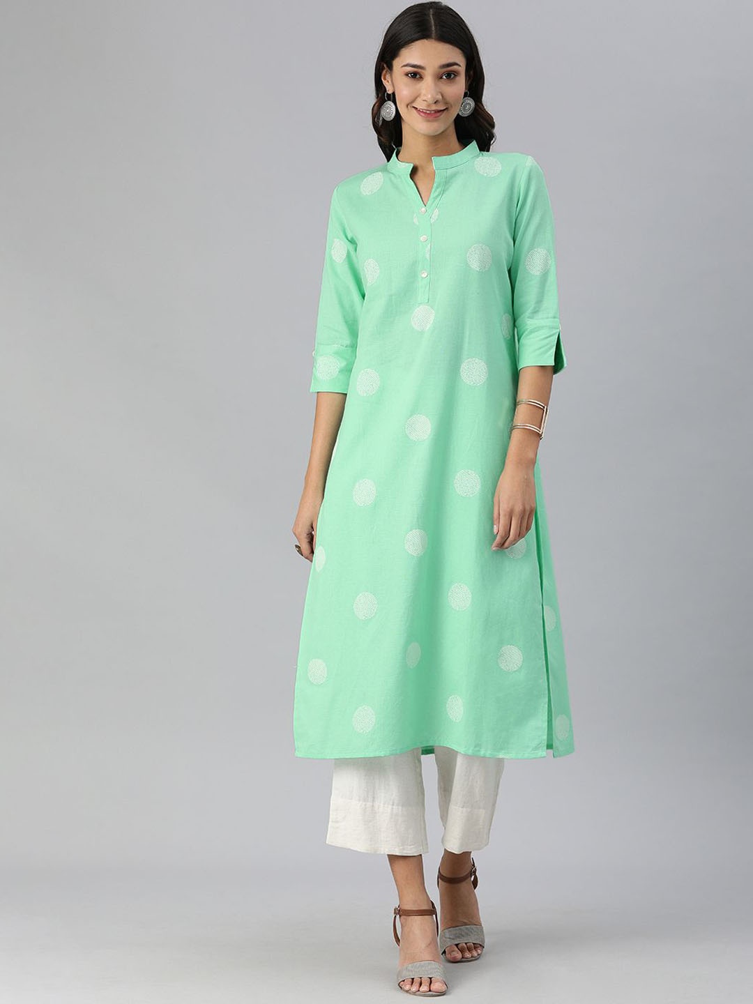 

Swishchick Polka Dots Printed Mandarin Collar Thread Work Cotton Straight Kurta, Turquoise blue