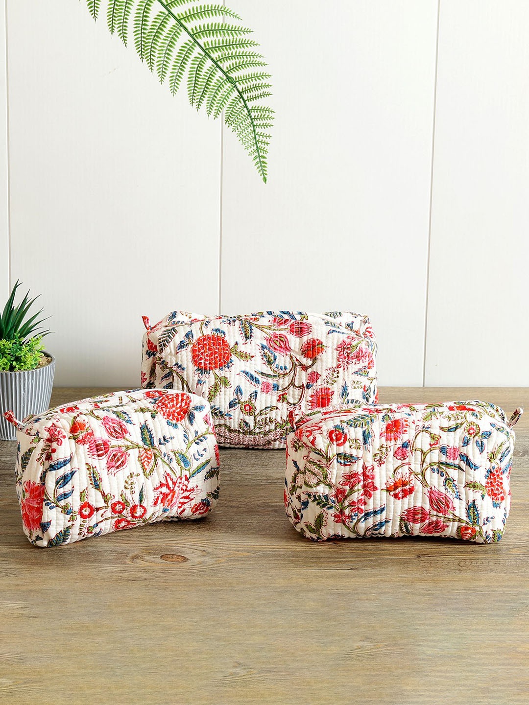 

HANDICRAFT PALACE Women Set Of 3 Floral Printed Shopper Cotton Sling Bag, White