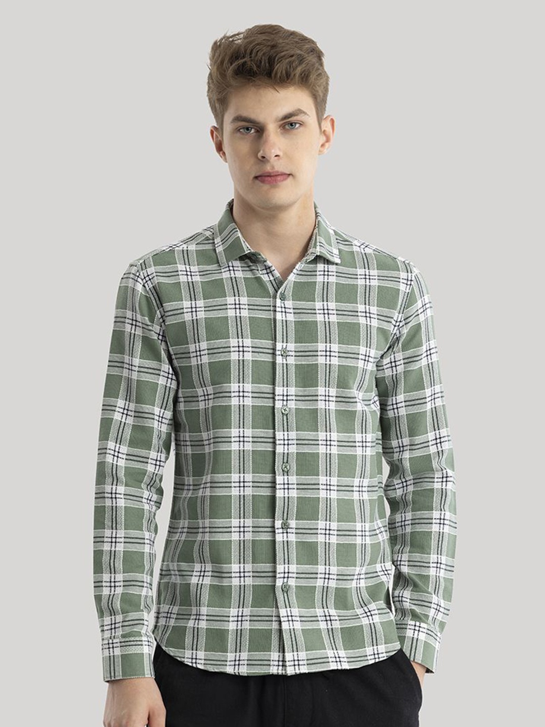 

Snitch Men Classic Slim Fit Tartan Checks Opaque Checked Casual Shirt, Olive