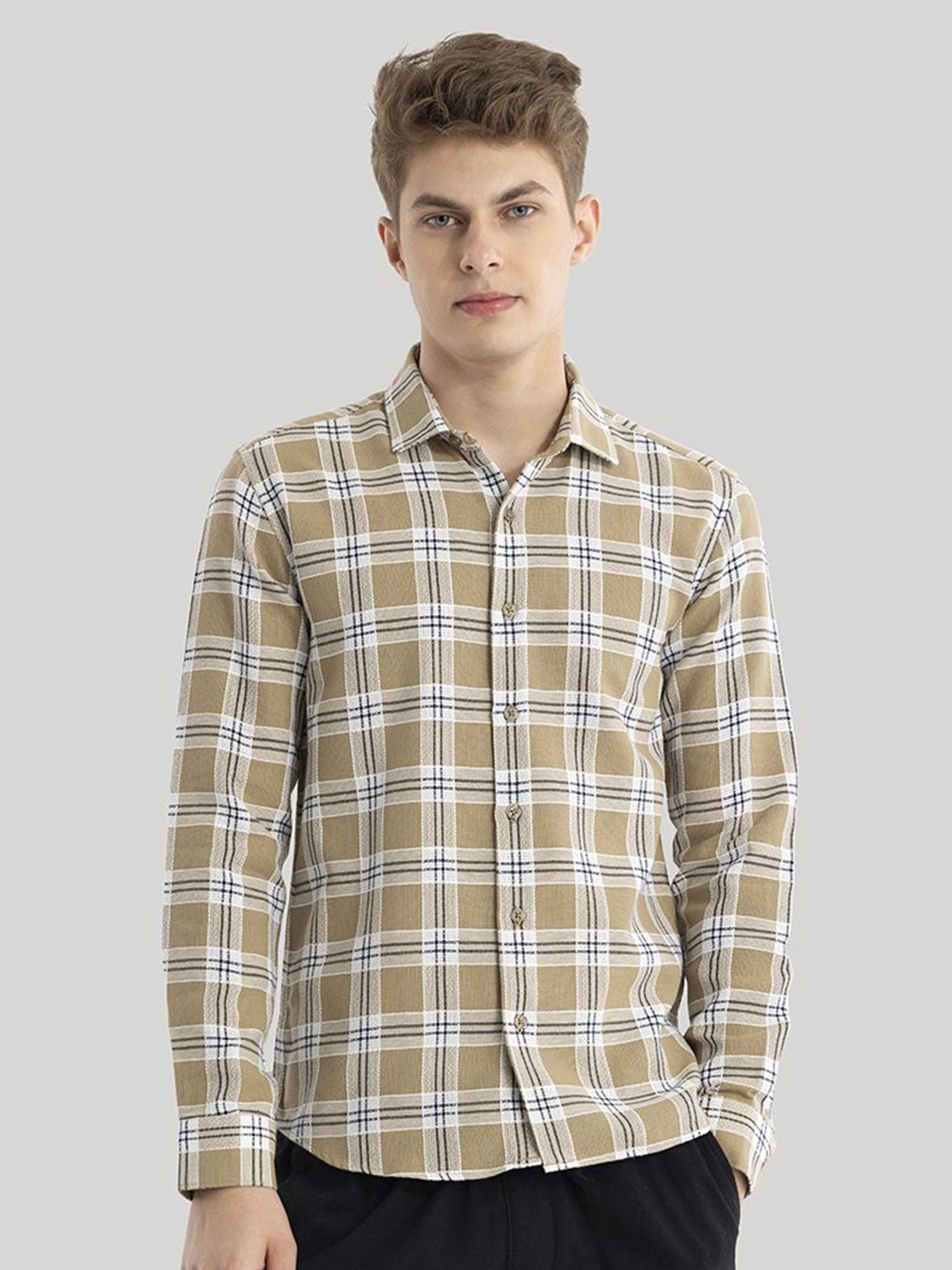 

Snitch Men Classic Slim Fit Tartan Checks Opaque Checked Casual Shirt, Brown