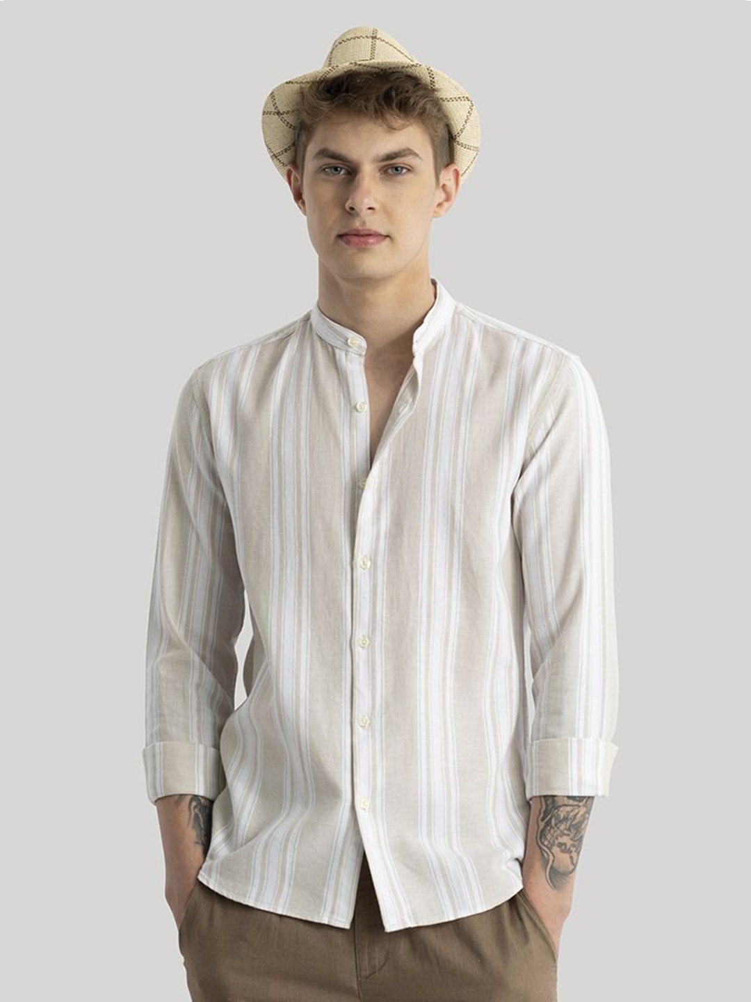 

Snitch Men Classic Slim Fit Opaque Striped Casual Shirt, Cream