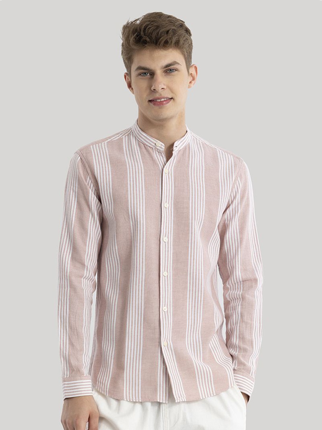 

Snitch Men Classic Slim Fit Opaque Striped Casual Shirt, Pink