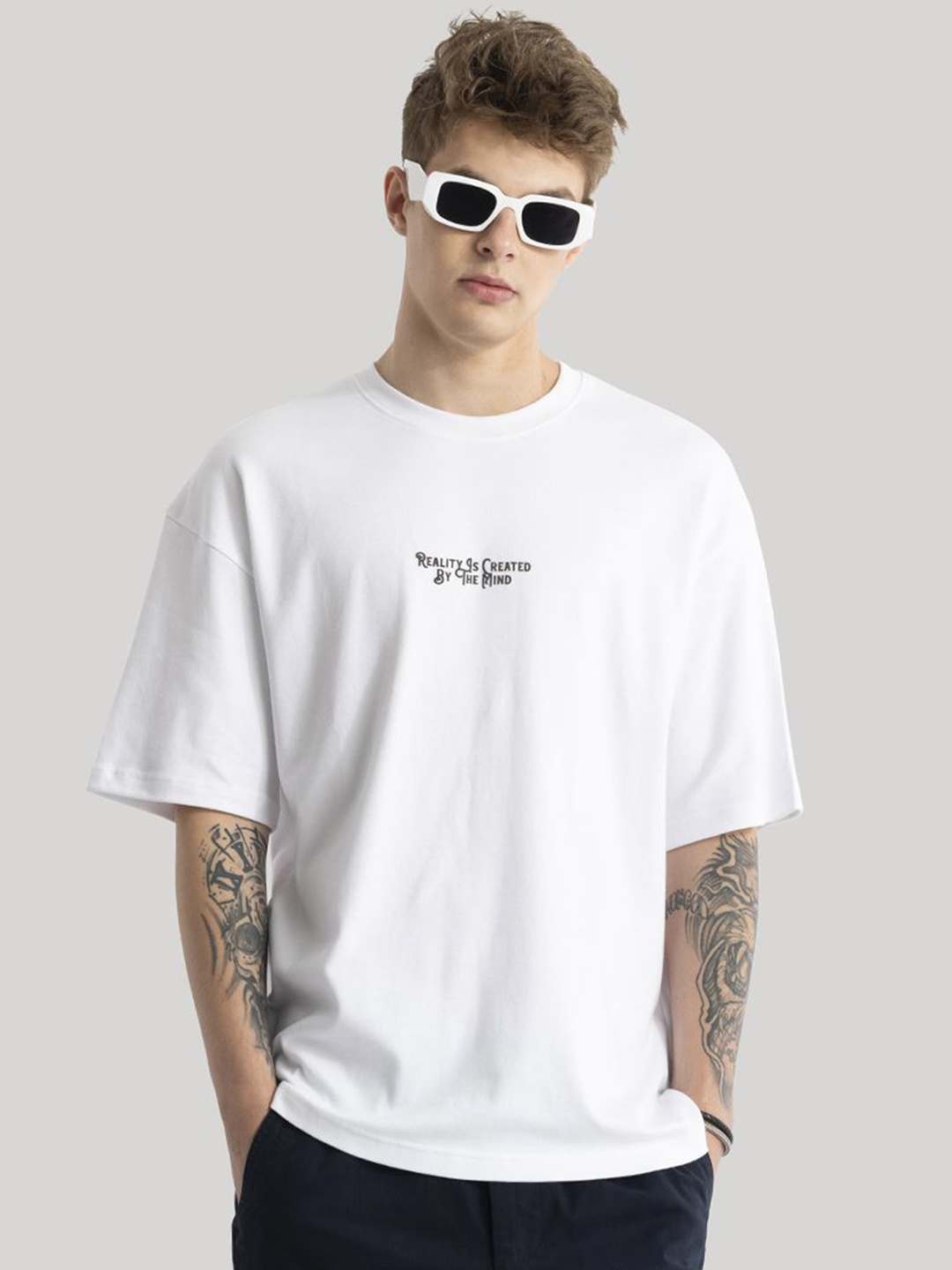 Snitch Men Graphic Printed Cotton Oversized T-shirt, White