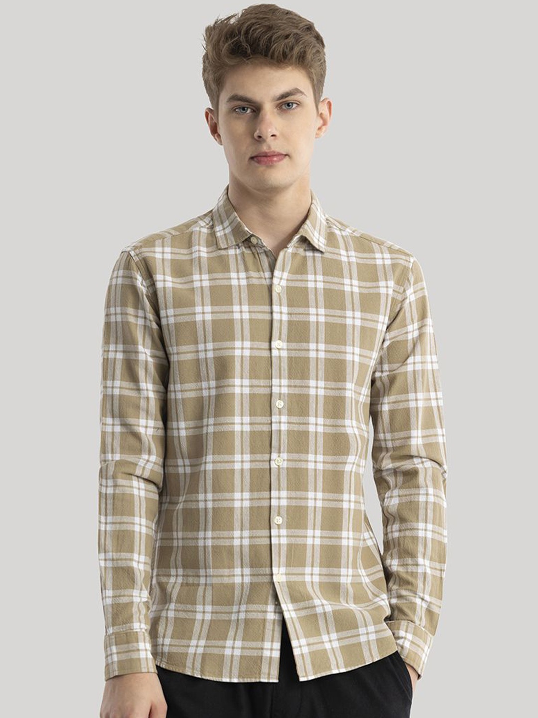

Snitch Men Classic Slim Fit Tartan Checks Opaque Checked Casual Shirt, Brown
