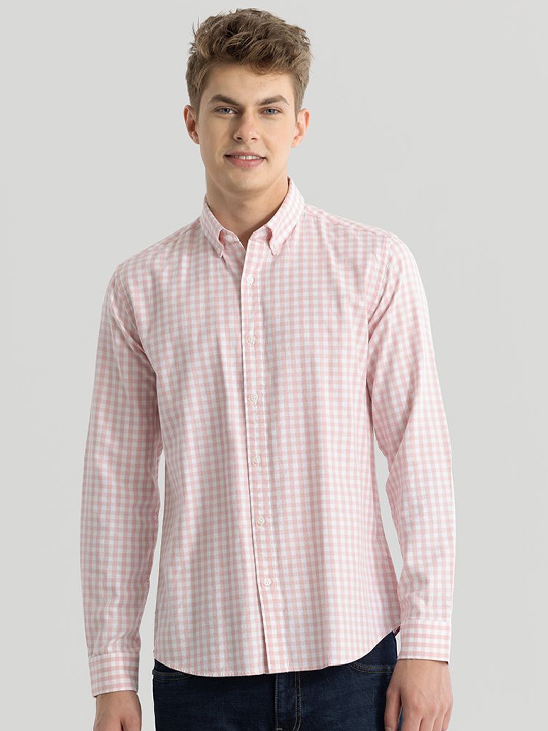 

Snitch Men Classic Slim Fit Opaque Striped Casual Shirt, Pink