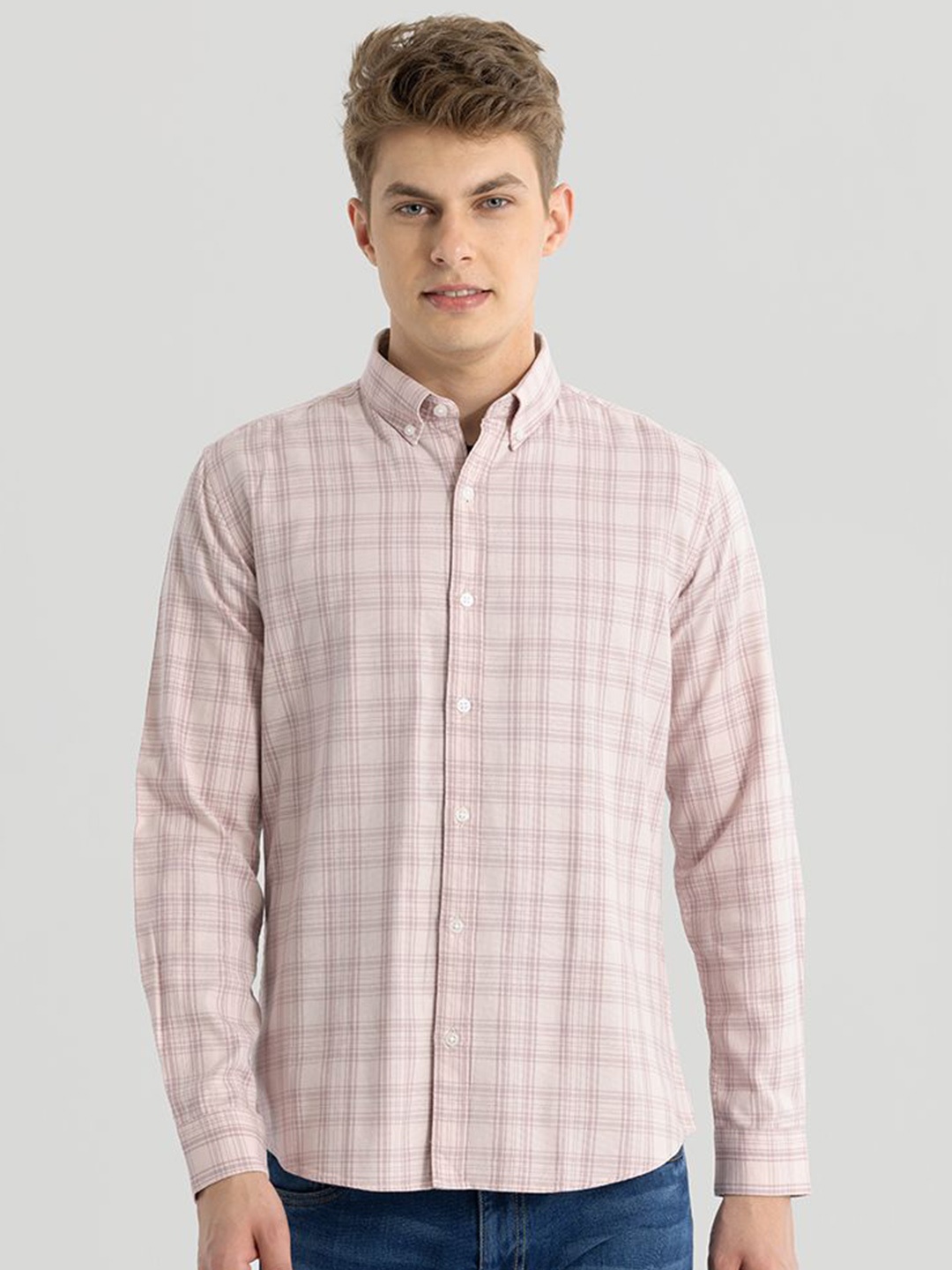 

Snitch Men Classic Slim Fit Opaque Checked Casual Shirt, Pink