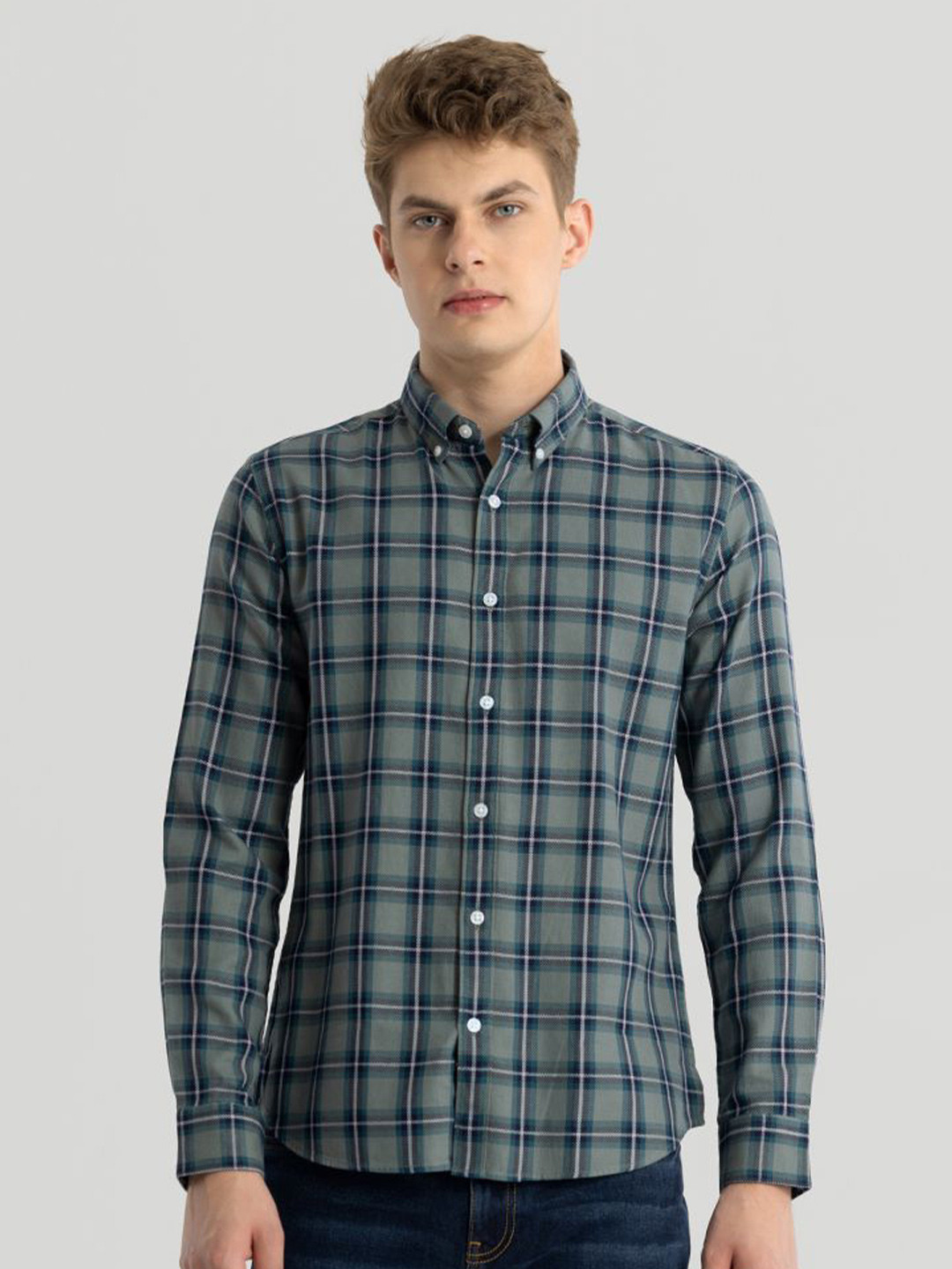 

Snitch Men Classic Slim Fit Opaque Checked Casual Shirt, Olive