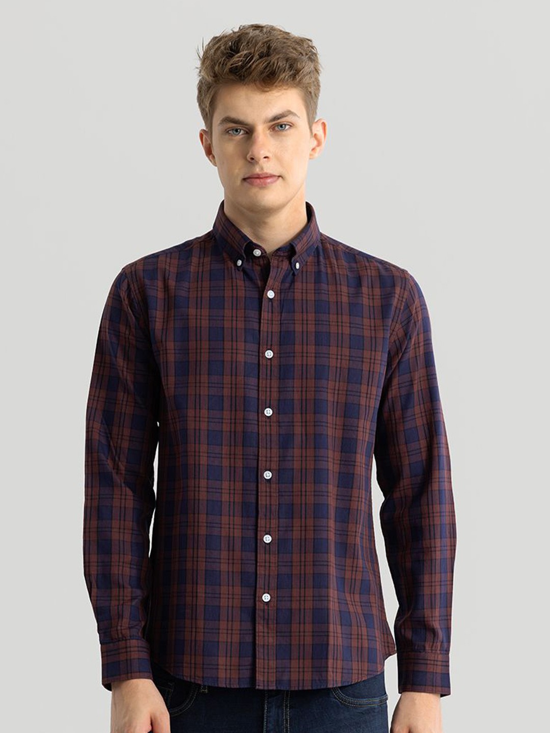 

Snitch Men Classic Slim Fit Tartan Checks Opaque Checked Casual Shirt, Maroon