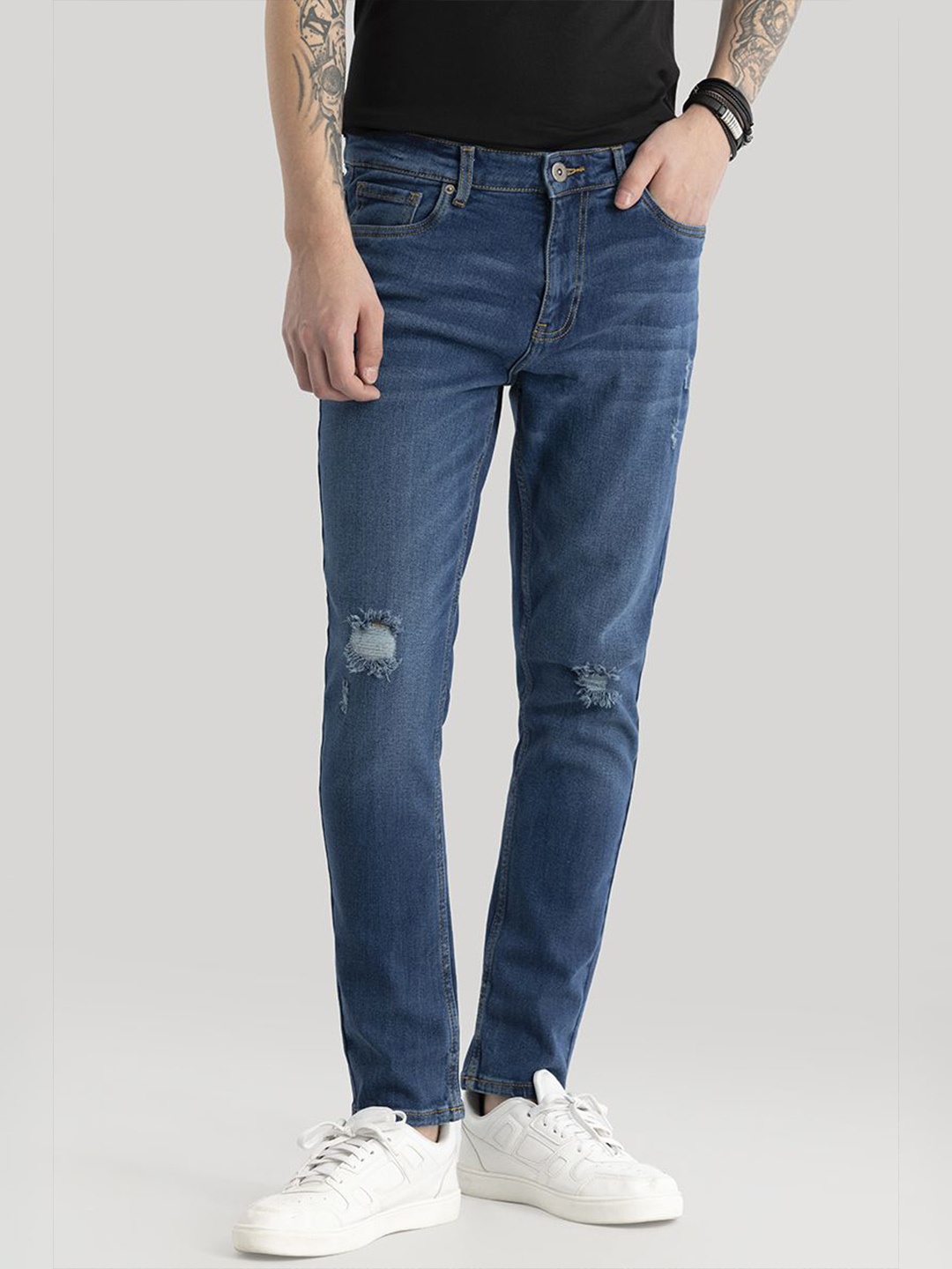 

Snitch Men Skinny Fit Low Distressed Stretchable Jeans, Blue