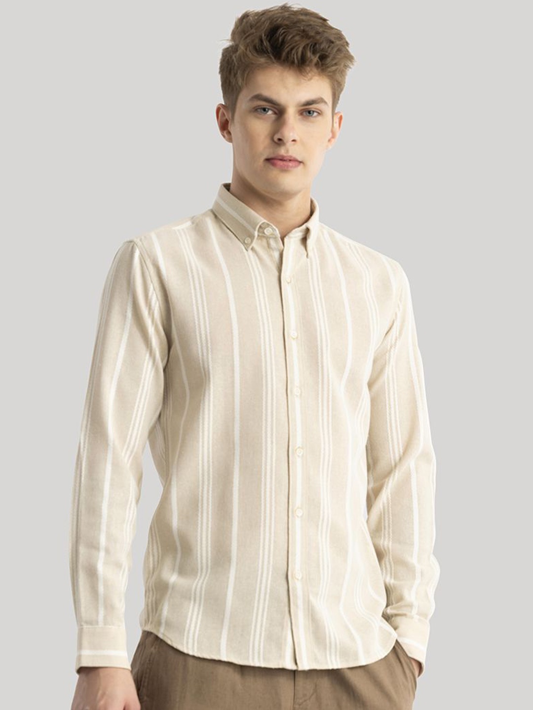 

Snitch Men Classic Slim Fit Opaque Striped Casual Shirt, Beige