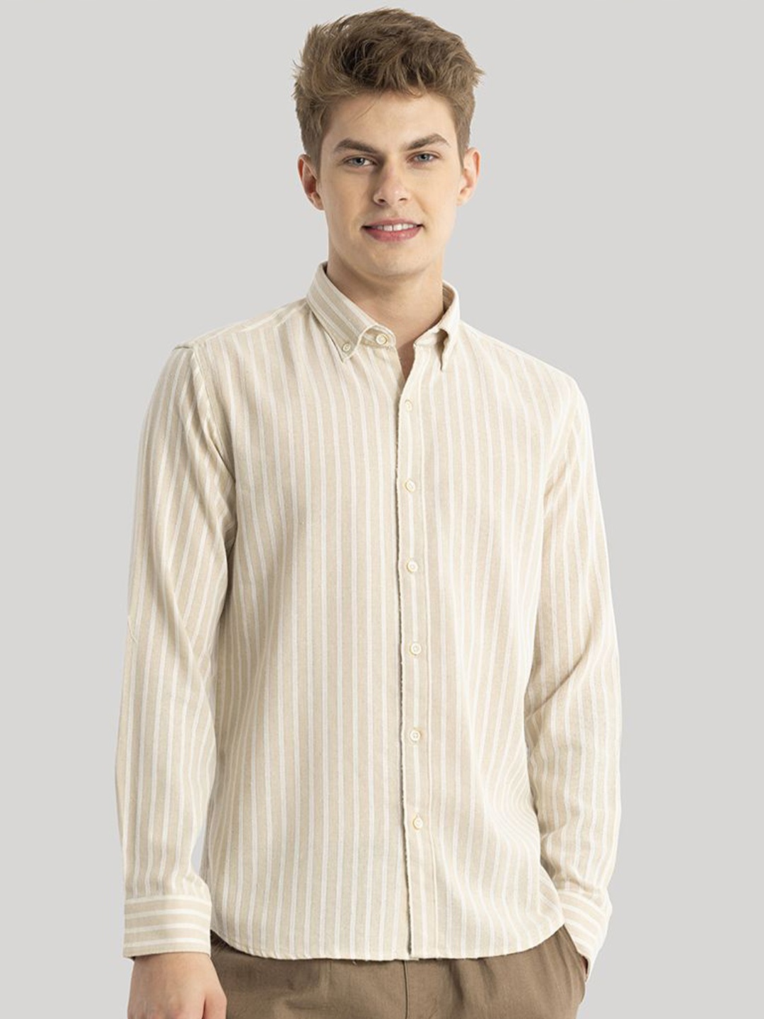 

Snitch Men Classic Slim Fit Opaque Striped Casual Shirt, Nude