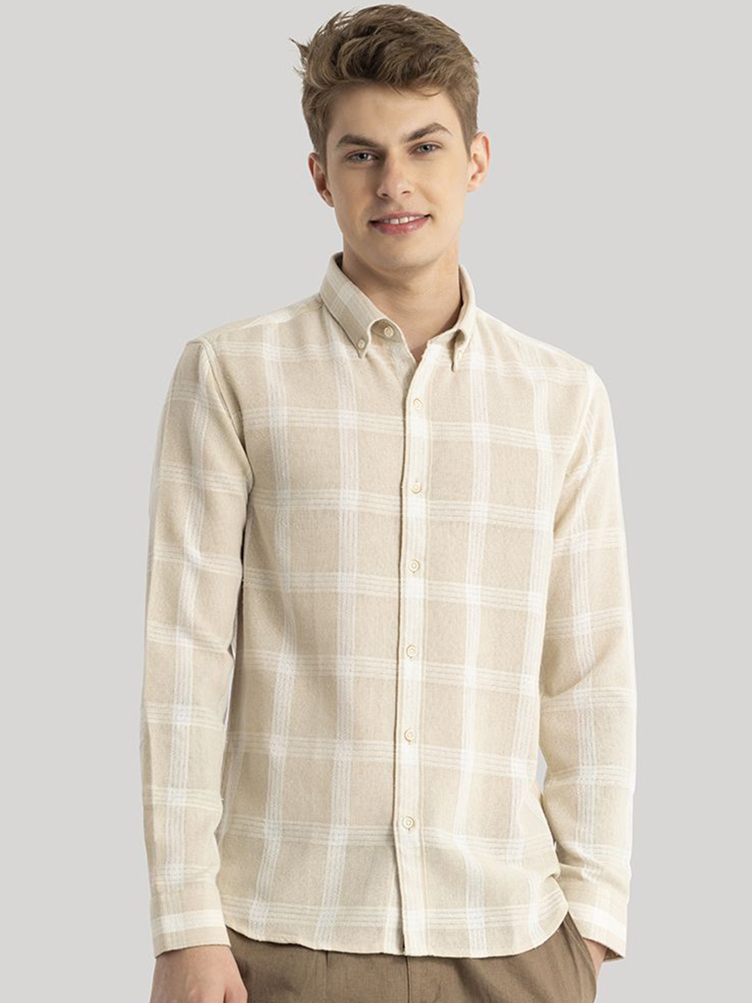 

Snitch Men Classic Slim Fit Opaque Checked Casual Shirt, Beige