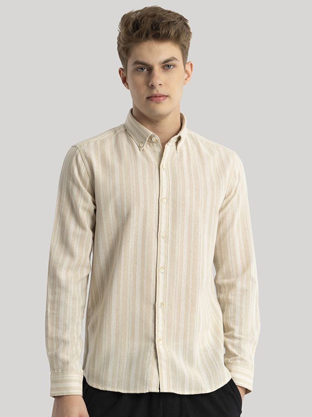 

Snitch Men Classic Slim Fit Opaque Striped Casual Shirt, Khaki